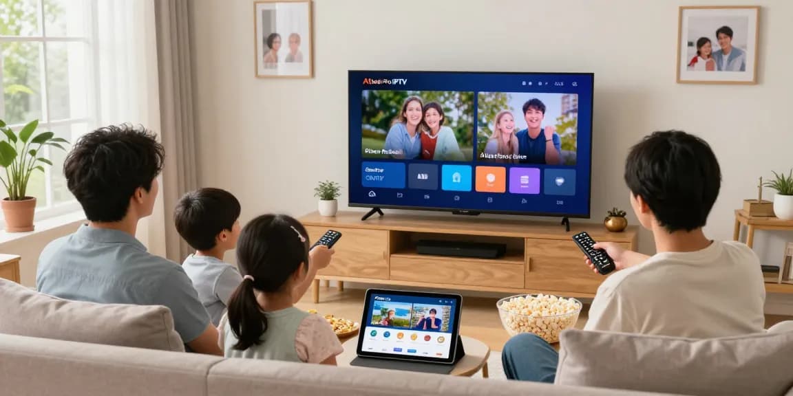 Famille profitant du service Atlas Pro IPTV dans un salon lumineux avec une télévision intelligente.