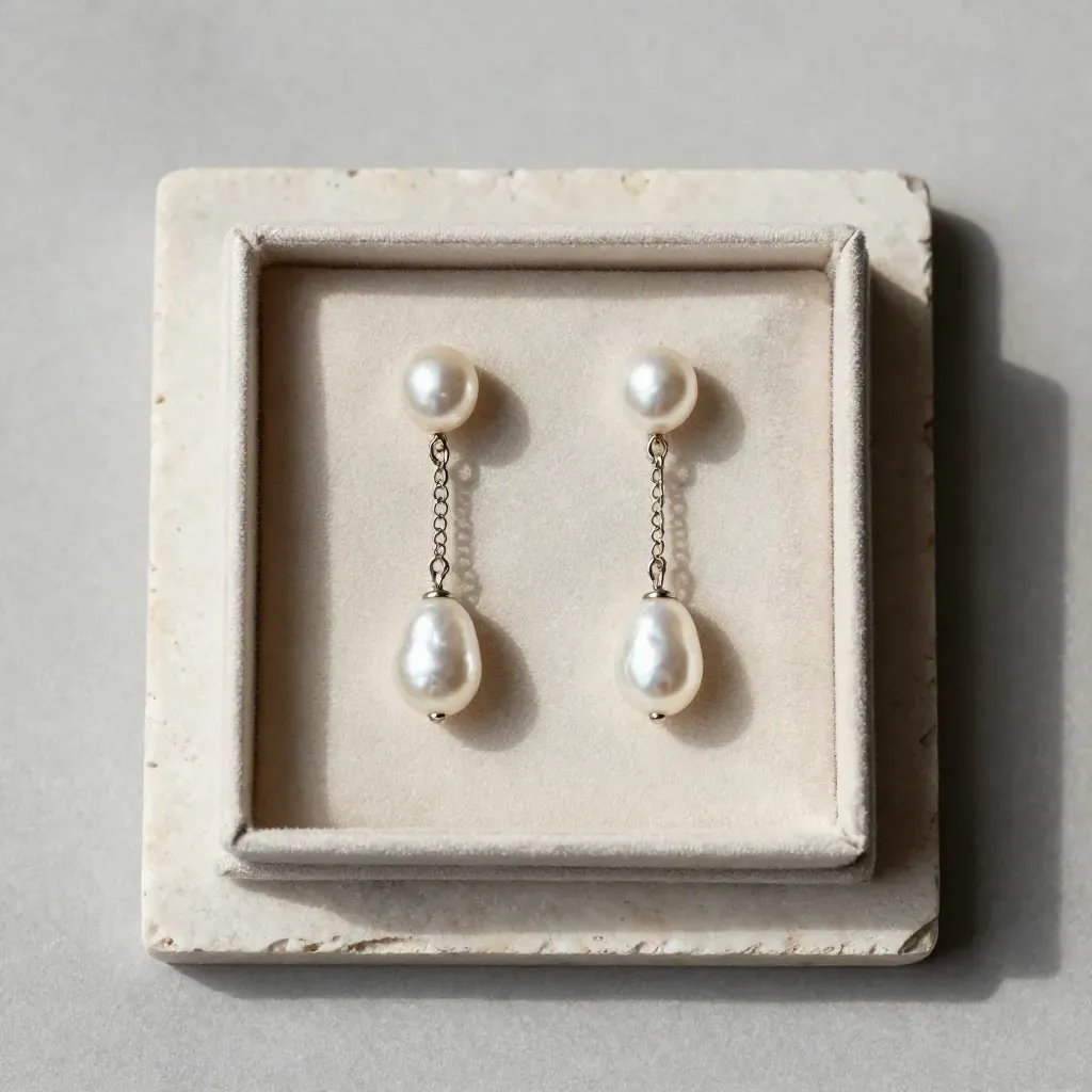 Boucles en perle nacre, chaîne fine et écrin ouvert sur dalle claire.