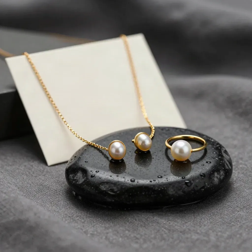 Parure or sur pierre noire humide avec perle et bague, lumière dramatique.