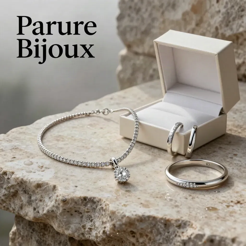 Parure argentée dans une boîte cadeau sur pierre humide, lumière douce de l’aube.