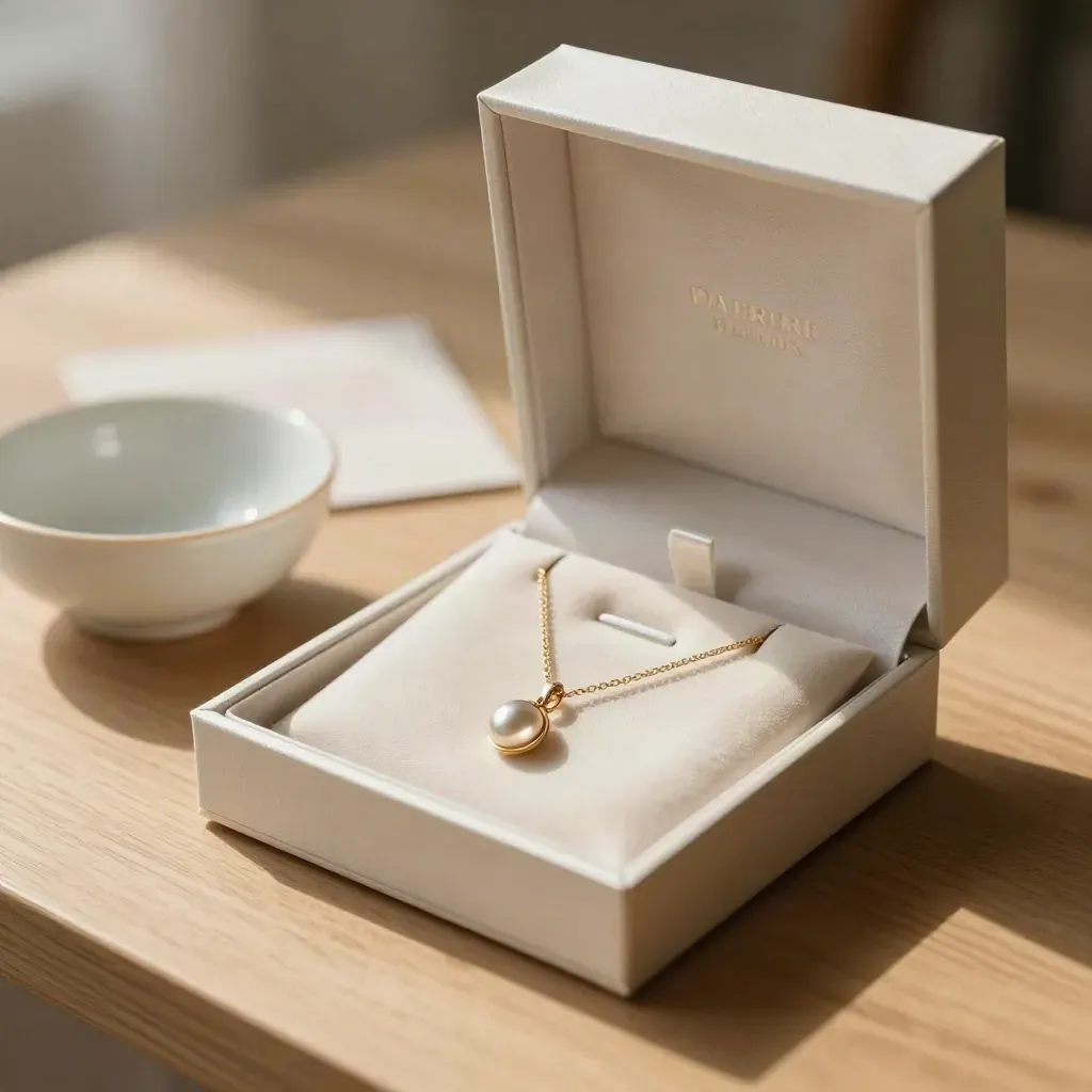 Coffret bijou ouvert sur bois blond avec collier, boucles et tissu neutre.