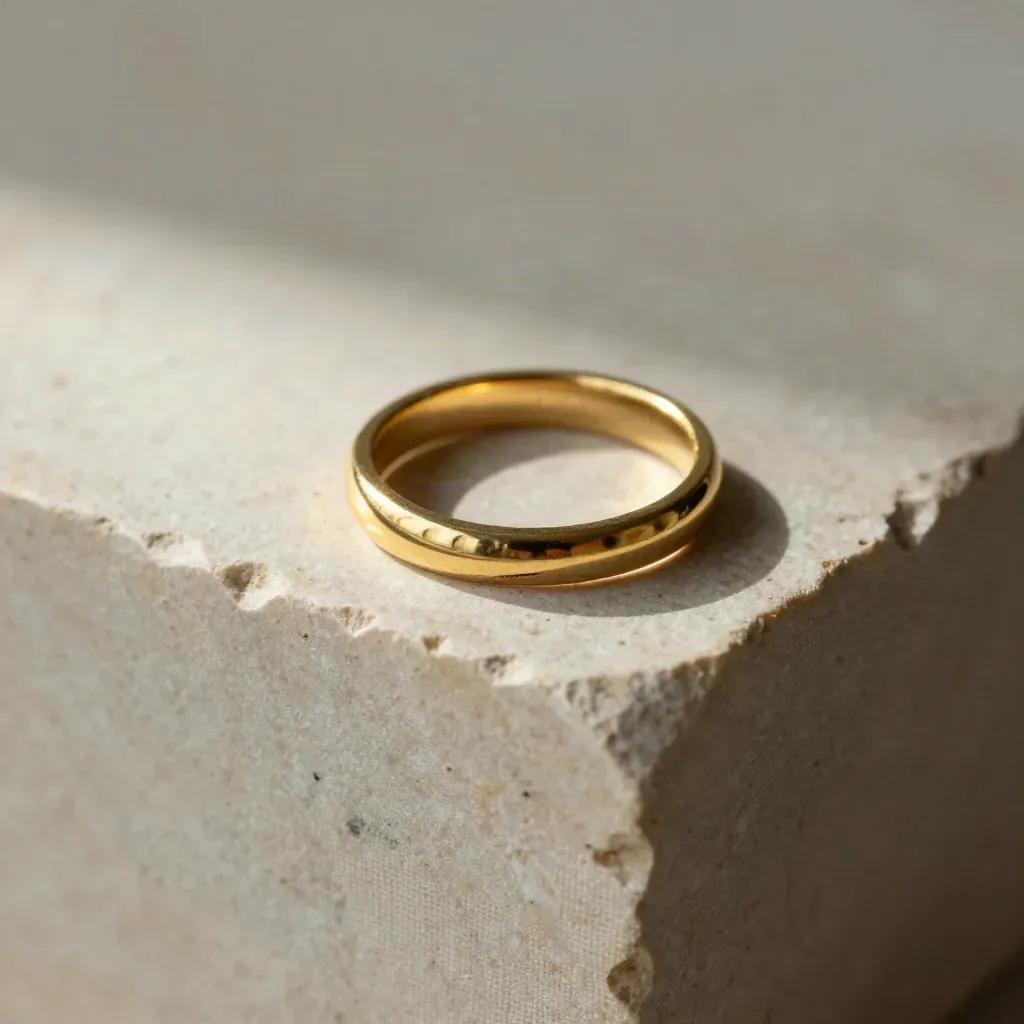Bague fine en or sur calcaire clair, avec deux anneaux témoins et une bande de lin.