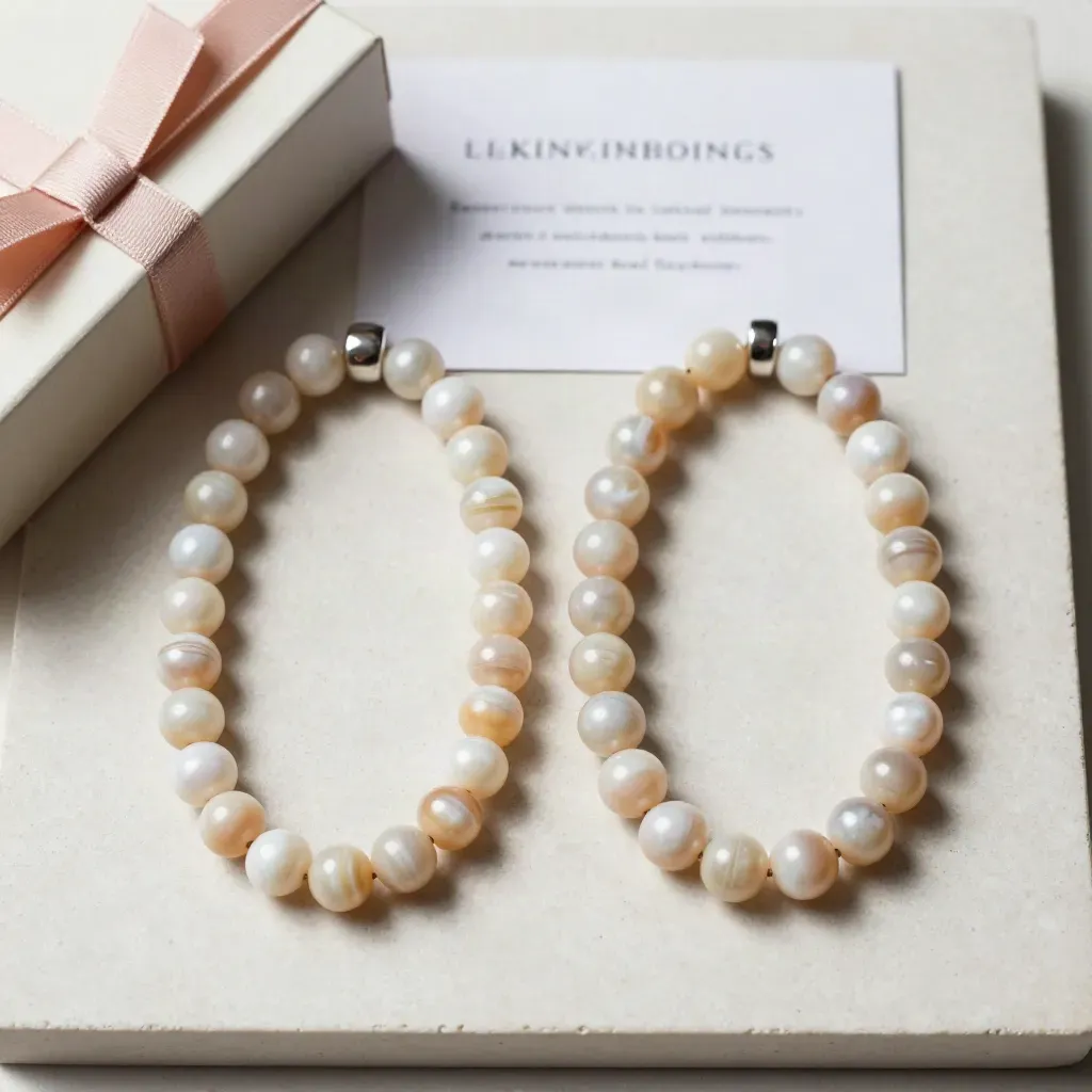 Deux bracelets nacrés en miroir avec boîte ouverte et ruban blush sur fond de plâtre clair.