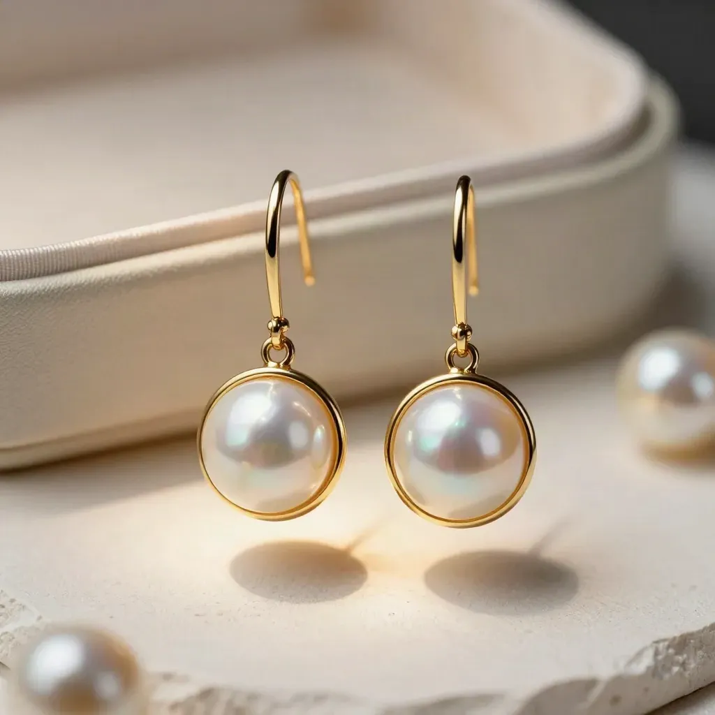 Paire de boucles d’oreilles en nacre halo sur plâtre ivoire, lumière dramatique.