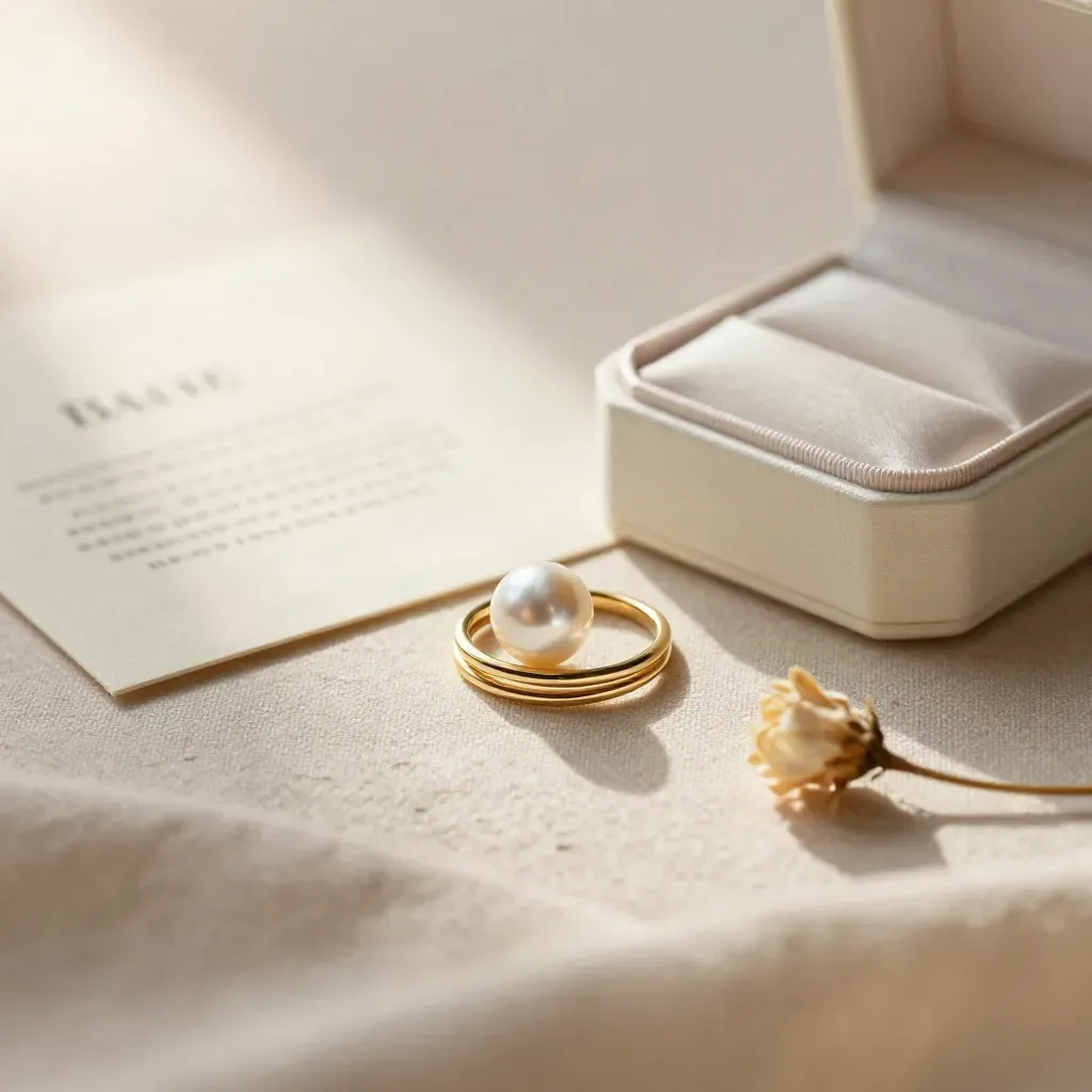 Bague ajustable avec perle, boîte ivoire, carte crème floue et fleur séchée sur lin écru.