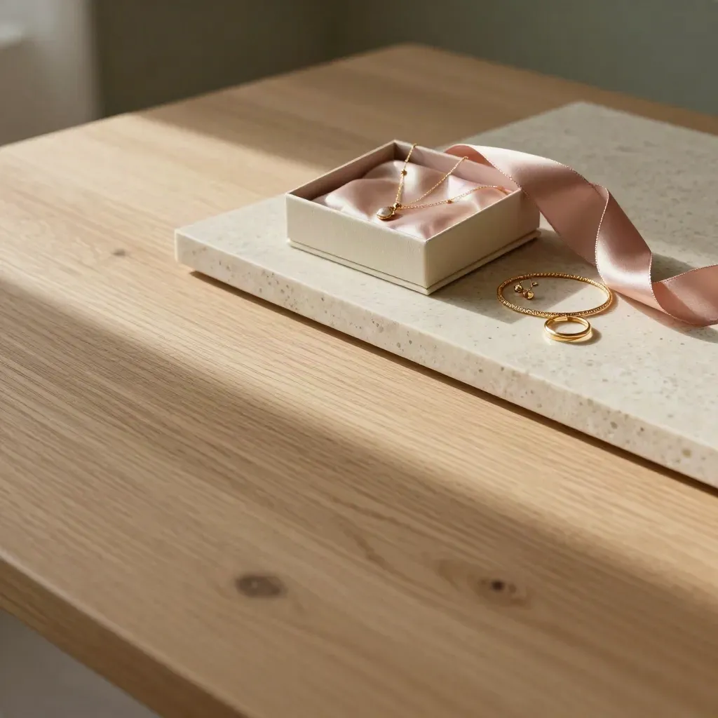 Surface de chêne et travertin avec parure cadeau, lumière douce du matin, ruban rose poudré.