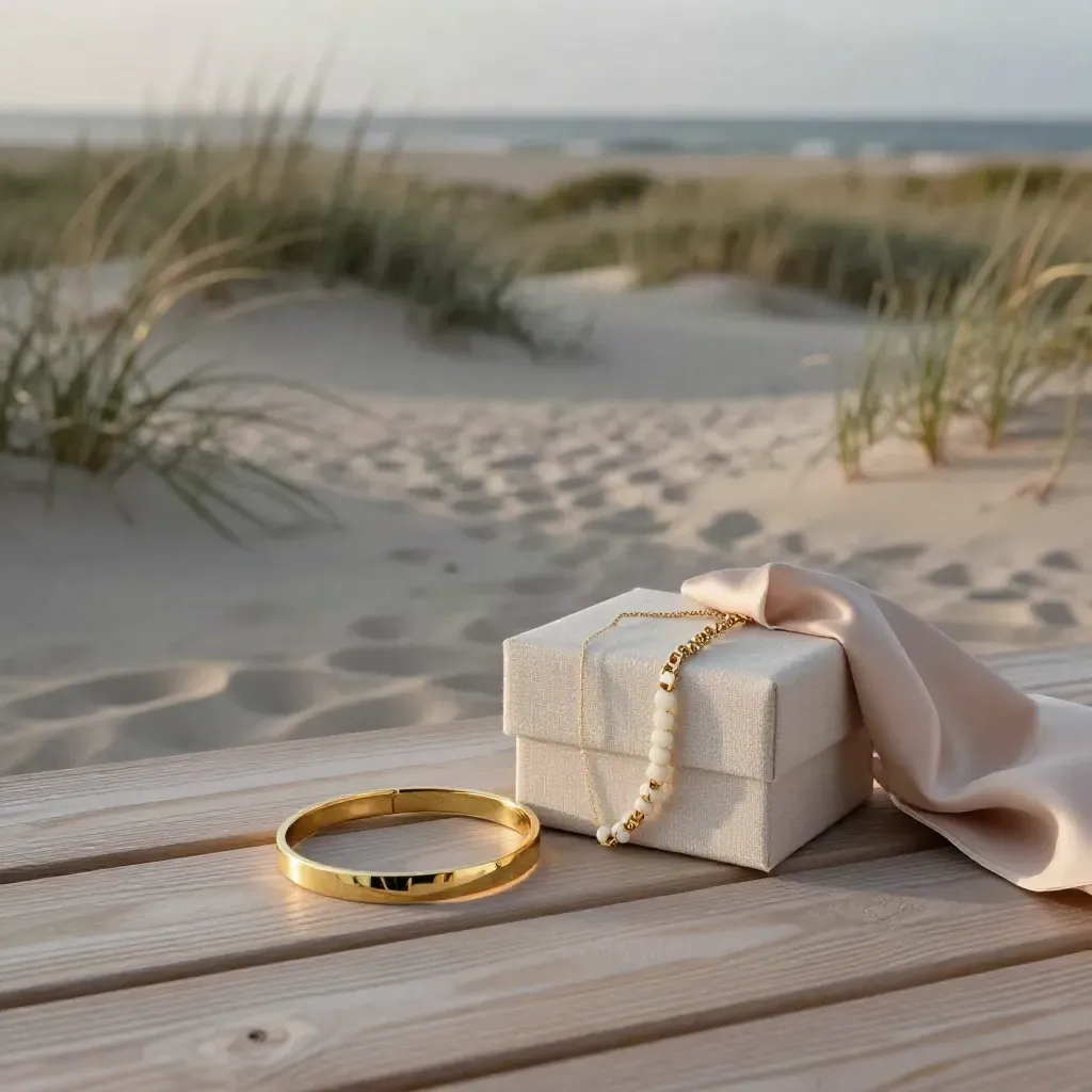 Deux bracelets assortis sur une terrasse en bois clair, avec herbes de dune et sable fin.