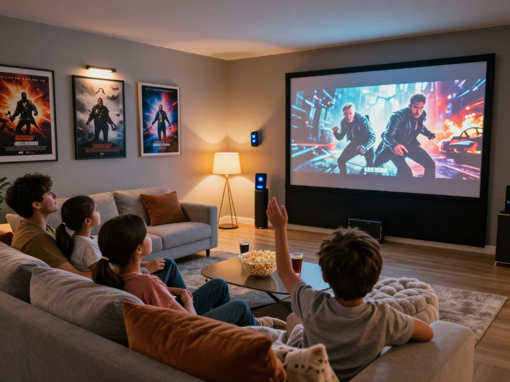 Famille regardant un film sur un grand écran avec Atlas pro ontv dans un cadre convivial.